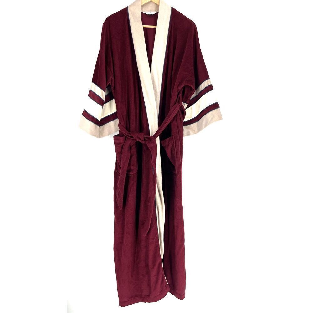 Vintage Christian Dior Robe Mens One Size Maroon Tan Velour Belted Lounge 70s